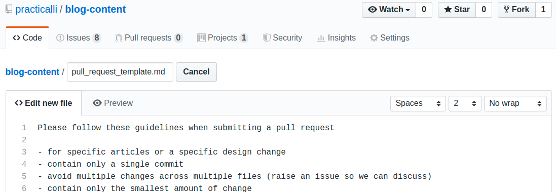 GitHub templates - pull request - edit new file