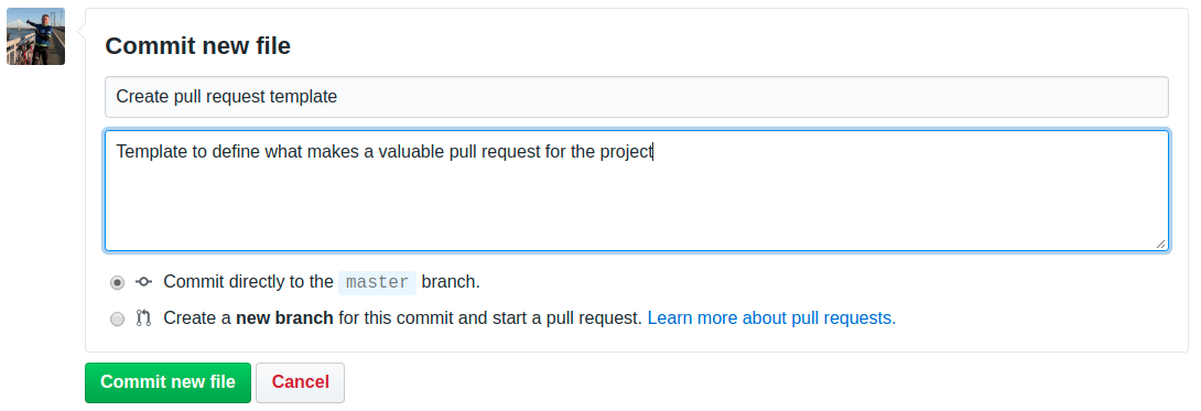 GitHub templates - pull request - edit new file