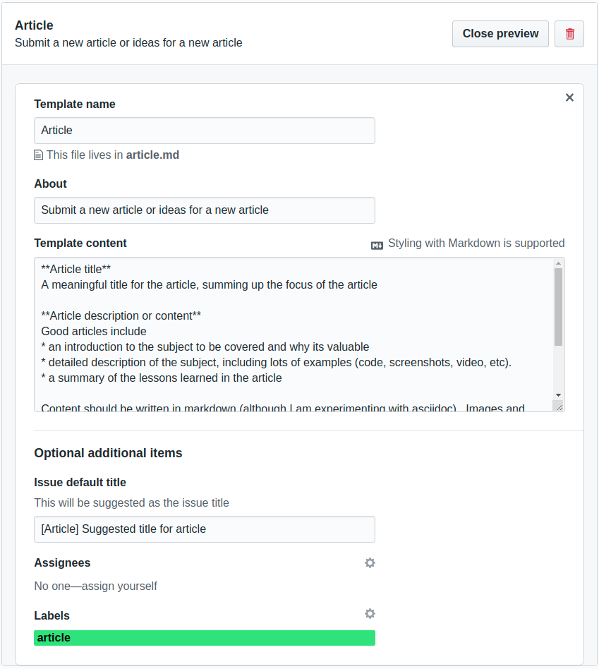 GitHub template - article edit